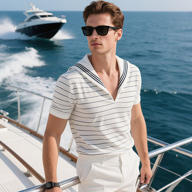 Men's Nautical Striped V-Neck T-Shirt | Retro Casual Style | Cotton Short Sleeves | Breathable Comfort | Perfect for Spring Summer Fall | Versatile Wardrobe Essential | Sizes S to 3XL