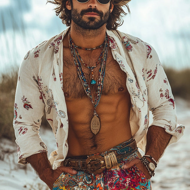 Men's Long Sleeve Bohemian Print Shirt | Vacation Wear | Lightweight Button-Down | Artistic Pattern | Comfortable Fabric | Versatile Styling | Casual Summer Look | Relaxed Fit | Eclectic Design