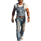 Men's Retro Western Cowboy Washed Denim Overalls | Spring And Summer Fashion | Bold Leopard Print | Distressed Knee Holes | No Belt Needed | Street Style Edge | Comfortable Breathable Design