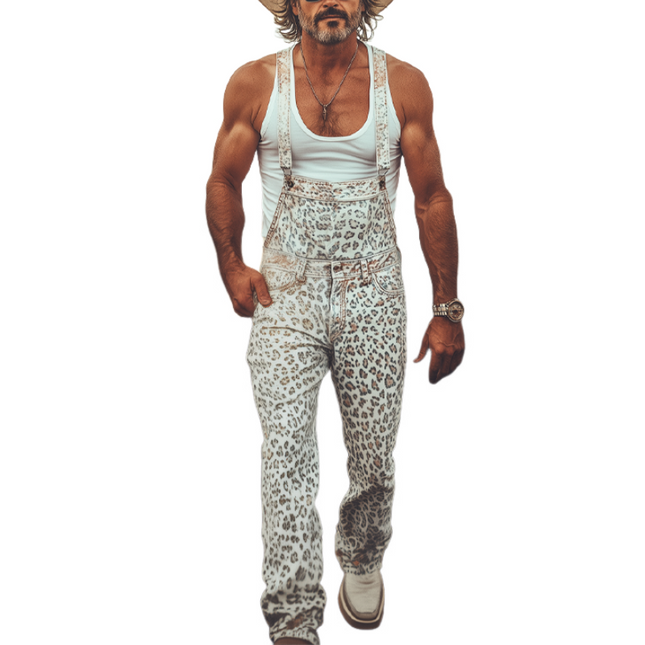 Men's Retro Western Style Washed Denim Overalls | Distressed Look | Leopard Print Accents | Spring and Summer Fashion | Cowboy Inspired | Adjustable Straps | Breathable Fabric |  Rugged and Bold Design