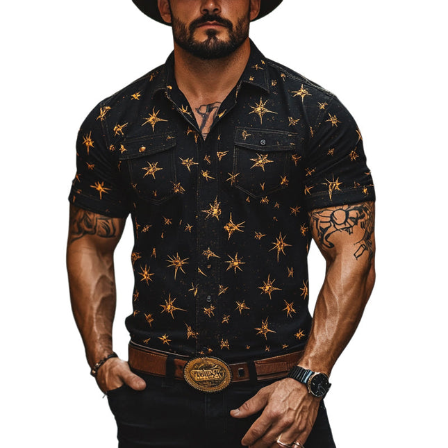 Men's Western Cowboy Shirt | Star Print | Short Sleeve | Regular Fit | Breathable Fabric | Vibrant Design | Casual Dress Shirt | Comfortable & Durable | Easy Care | Perfect for Outings & Events
