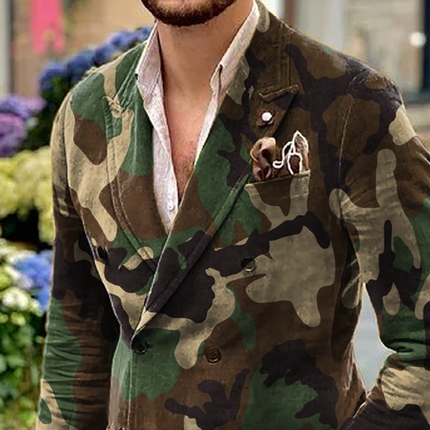 Men's Blazer | Camo Pattern | Double Breasted | Peak Lapel | Casual Outerwear | Machine Washable | Stylish Semi-Formal Jacket | Button Closure | Chest Pocket | Tailored Fit | Sophisticated Design