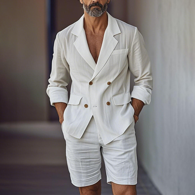 Men's Cotton Linen Blazer Shorts Set | Notch Lapel Long Sleeve Double Breasted Blazer | Summer Outfit | Tailored Modern Fit | Lightweight & Breathable | Casual & Semi-Formal Wear | Multiple Sizes Available
