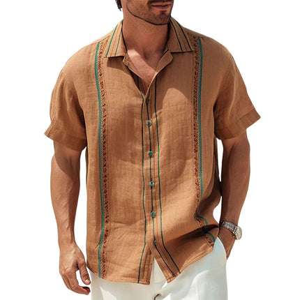 Men's Vintage Embroidered Short Sleeve Shirt | Summer Cotton Blend | Lightweight & Breathable | Relaxed Fit | Classic Casual Style | Timeless Design | Elegant Embroidery | Multiple Sizes Available