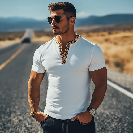 Men's Leopard Print T-Shirt | Retro Western Slim Fit Henley Collar | Cotton Blend Short Sleeve | Casual Spring & Summer Fashion