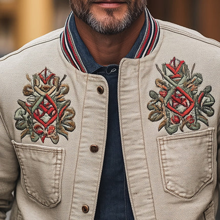 Men's Casual Khaki Embroidered Jacket | Grainy Textured Outerwear | Long Sleeve | Modern Fit | Versatile Style | Sizes S-3XL