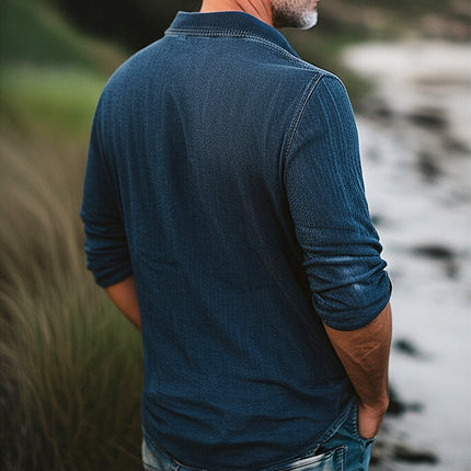 Men's Distressed Denim Polo Neck T-Shirt | Comfortable Cotton Blend | Classic Fit | Casual Style | Ribbed Collar | Hidden Placket | Trendy Urban Look | Blue Black Green | Sizes Small to 3XL