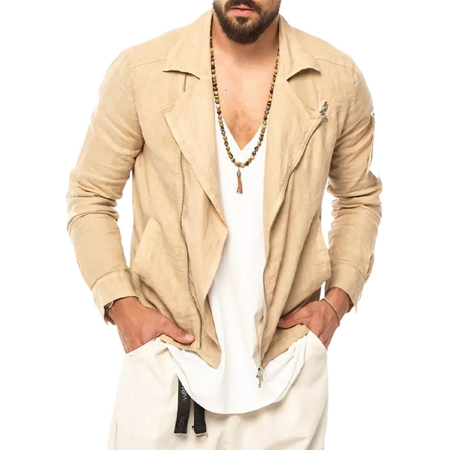 Men's Vintage Apricot Jacket | Cotton Linen Blend | Notched Lapel | Long Sleeve | Modern Fit | Casual to Semi-Formal | Lightweight Durable Fabric | Zipper Closure | Functional Pockets | Timeless Style