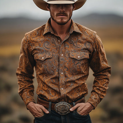 Men's Western Perris Print Shirt | Vintage Lapel Long Sleeve | Cotton Fabric | Casual & Semi-Formal | Classic Design | Available in Sizes S-3XL