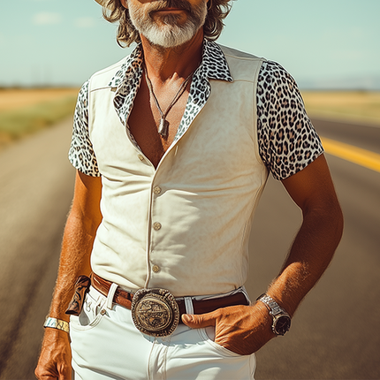 Men's Western Style Shirt | Suede Stitching | Leopard Print | Slim Fit | Short Sleeve | Lightweight Breathable Fabric | Retro Cowboy Aesthetic