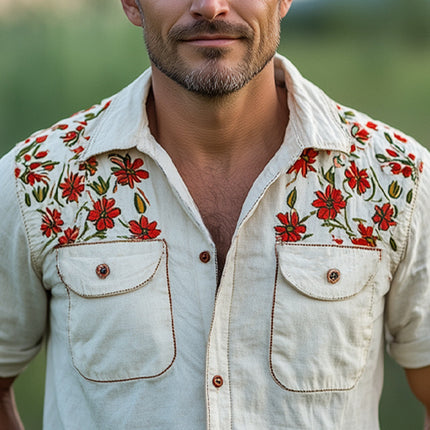 Men's Cotton Floral Embroidery Shirt | Short Sleeve Dress Shirt | Lightweight Summer Top | Sophisticated Casual Style | Classic Collar | Breathable Fabric | Available in Sizes S-3XL | Ideal for Warm Weather