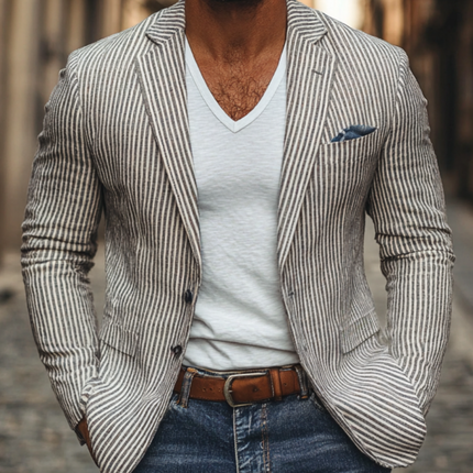 Men's Slim Fit Linen Blazer | Casual Breathable Pinstripe | Notched Lapel Single Breasted | Lightweight Summer Jacket | Sophisticated & Versatile | Stylish & Comfortable | Ideal for Warm Weather | Multiple Sizes