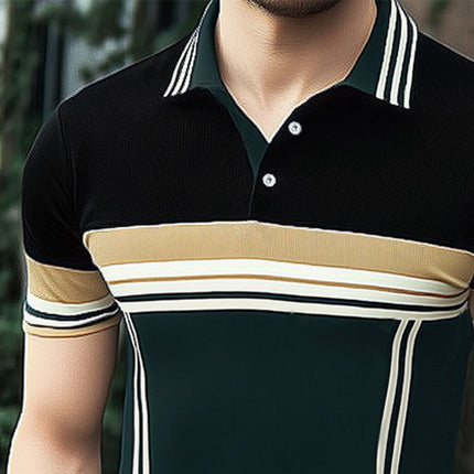 Men's Summer Business Polo Shirt | Colorblock Knitted | Short Sleeve | Classic Collar | Breathable Moisture-Wicking Fabric | Casual Office Wear | Sizes S-3XL | Fashionable Summer Top