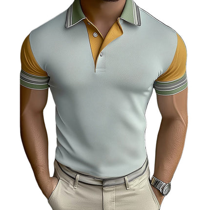 Men's Polo Shirt | Summer Business | Textured Fabric | Color Block Design | Cotton-Polyester Blend | Short Sleeve | Button-Up Collar | Modern Fit | Sizes S-3XL