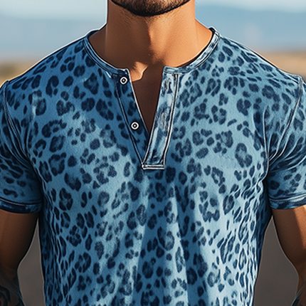 Men's Leopard Print Henley T-Shirt | Cotton Blend Short Sleeve | Western Style Casual Top | Spring & Summer Wear | Fashionable Retro Design | Breathable Slim Fit | Versatile Styling with Jeans or Jackets