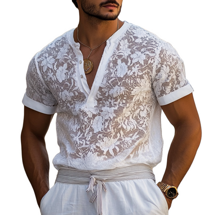 Men's Lace Henley Collar T-Shirt | Short Sleeve Casual Top | Breathable Fabric | Classic Fit | Elegant Lace Detail | Stylish Wardrobe Essential | Everyday Wear | Comfortable Men's Shirt