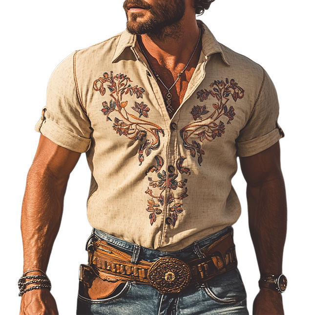 Men's Summer Shirt | Classic Retro Western Style | Embroidered Linen | Short Sleeve | Breathable Comfort | Versatile Casual | Iconic Design | Optimal Airflow | Modern Flair | Timeless Nostalgia