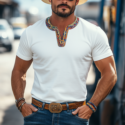 Men's Cotton Blend V-Neck T-Shirt | Retro Western Cowboy Style | Casual Short Sleeve | Colorful Ribbon Splicing | Breathable Fabric | Classic Vintage Aesthetic