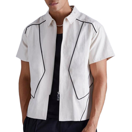 Men's Summer Shirt | Short Sleeve | Lapel Collar | Zipper Closure | Lightweight Cotton Blend | Casual & Semi-Casual | Breathable & Comfortable | Versatile Style | Easy Care | Available in Small to 3XL