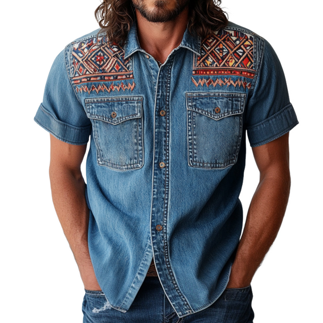 Men's Retro Ethnic Print Denim Shirt | Casual Short Sleeve | Vintage Style Lapel Collar | Breathable Cotton Fabric | Versatile Fit | Ideal for Spring Summer | Available in S-3XL | Unique Design