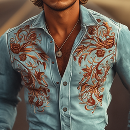 Men's American Retro Western Shirt | Suede Fabric | Embroidered Design | Long Sleeve | Classic Snap Buttons | Pointed Yoke | Versatile Styling | Casual & Semi-Formal Wear | Easy Care