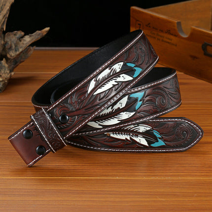 Men's Belt | Vintage Genuine Leather | Punk Style Embossed Feather Design | Snap Buckle Closure | Durable | Artistic Texture | Edgy Fashion Accessory | Versatile Fit | Timeless Craftsmanship