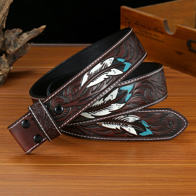 Men's Belt | Vintage Genuine Leather | Punk Style Embossed Feather Design | Snap Buckle Closure | Durable | Artistic Texture | Edgy Fashion Accessory | Versatile Fit | Timeless Craftsmanship