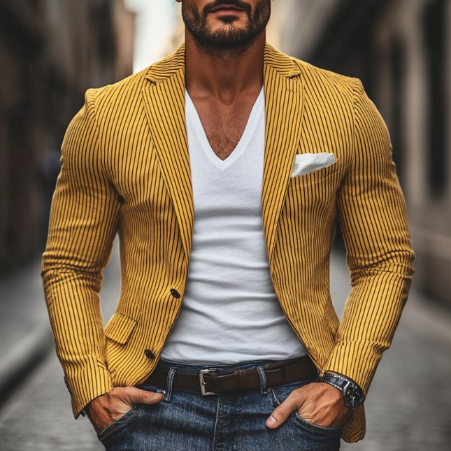 Men's Linen Blazer | Breathable Lightweight Pinstripe Outerwear | Notched Lapel | Single Breasted Slim Fit | Sophisticated Casual Jacket | Versatile Summer Coat | Dress Up or Down | Multiple Sizes