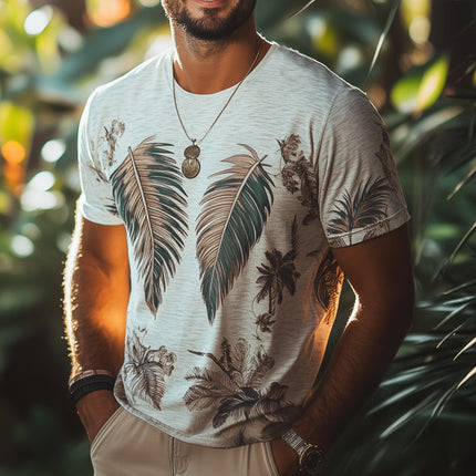 Men's Tropical Leaves Print T-Shirt | Short Sleeve | Casual Beachwear | Soft Breathable Cotton Blend | Crew Neck | Lightweight | Summer Essential