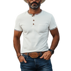 Men's Western Cowboy Style T-Shirt | Henley Collar | Short Sleeve | Retro Suede Stitching | Colorful Ribbon Details | Casual Comfort | Vintage Inspired | Breathable Material | Relaxed Fit
