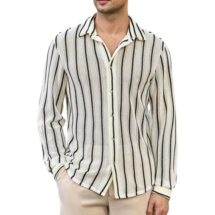 Men's Vertical Striped Knit Shirt | Breathable Long Sleeve | Casual & Business Casual | Button-Up | Soft Knit Fabric | Turn-Down Collar | Regular & Slim Fit | Stylish Versatile Top