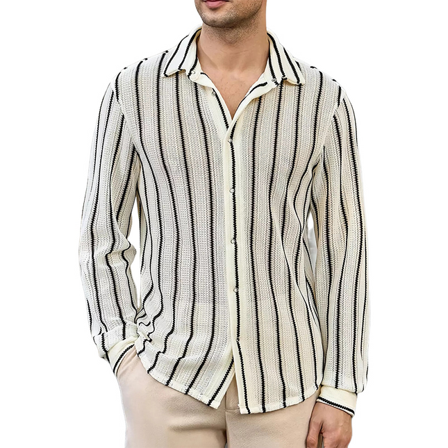 Men's Vertical Striped Knit Shirt | Breathable Long Sleeve | Casual & Business Casual | Button-Up | Soft Knit Fabric | Turn-Down Collar | Regular & Slim Fit | Stylish Versatile Top