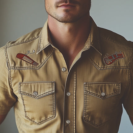 Men's Denim Shirt | Western Cowboy Style | Accordion Embroidery | Short Sleeve | Casual Button-Down | Rustic Charm | High-Quality Denim | Lapel Collar | Comfortable Fit | M-3XL Sizes | Perfect for Casual Outings