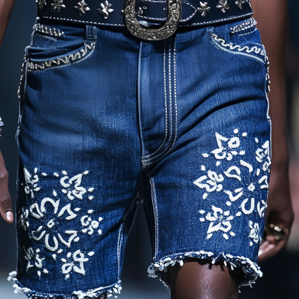 Men's Embroidered Denim Shorts | Straight Leg | Casual Summer Shorts | Fashionable Design | Comfortable Fit | Above The Knee | Durable Denim | Trendy Embroidery | Ideal for Outdoor Activities & Social Gatherings