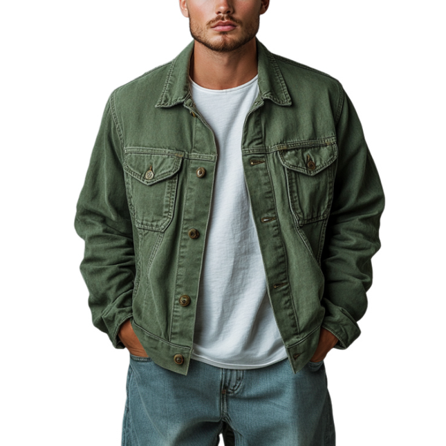 Men's Denim Jacket | Casual Outdoor Wear | Washed Vintage Look | Lapel Collar | Single-Breasted | Loose Fit | Ideal for Layering | Durable Fabric | Versatile Styling | Perfect for Transitional Weather