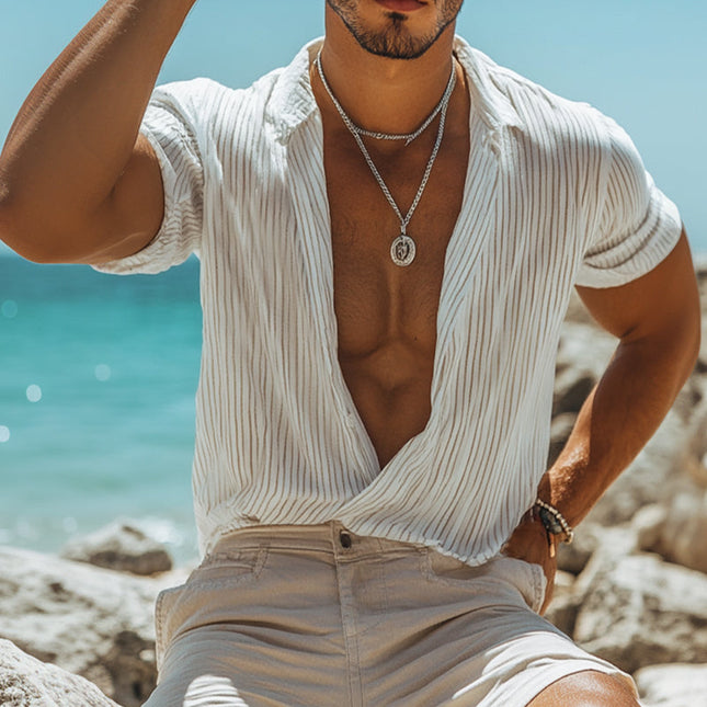 Men's Retro Casual Shirt | Striped Print | Lapel Short Sleeve | Cotton Blend | Breathable Comfortable Fabric | Versatile for Casual & Semi-Formal | Fashion-forward Design | Available in S-3XL Sizes