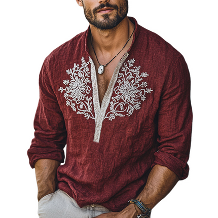 Men's Vintage Dark Red T-Shirt | Deep V-Neck | Long Sleeve | Intricate Embroidery | High-Quality Cotton Blend | Stylish Casual or Sophisticated Wear | Available in Sizes S to 3XL