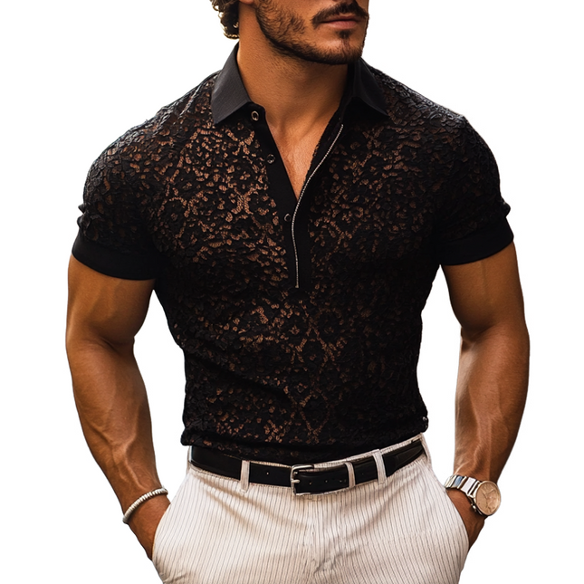 Men's Lace Lapel Polo Shirt | Short Sleeve | Casual Fashion | Soft Breathable Fabric | Button Placket | Solid Color | Elegant Collar Detail | Regular Fit | Ideal for Warm Weather | Multiple Sizes Available