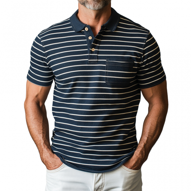 Men's Cotton Polo Shirt | Striped Colorblock Design | Lapel Collar | Patch Pocket | Slim Fit | Short Sleeve | Casual Wear | Breathable Fabric | Versatile Style
