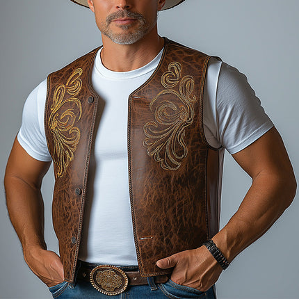 Men's Western Cowboy Leather Vest | Embroidered Summer Style | High-Quality Durable Leather | Lightweight & Breathable | Button-Down Closure | Traditional Western Patterns | Stylish Outerwear