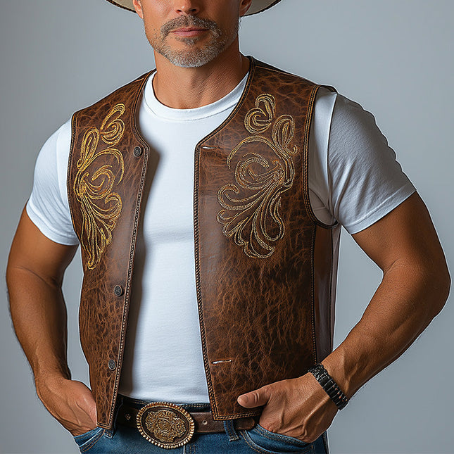 Men's Western Cowboy Leather Vest | Embroidered Summer Style | High-Quality Durable Leather | Lightweight & Breathable | Button-Down Closure | Traditional Western Patterns | Stylish Outerwear