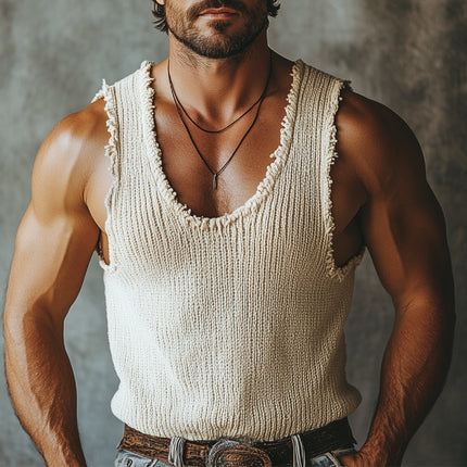 Men's Summer Tank Top | Basic Knitted Raw Edge | Casual Sleeveless Shirt | Breathable Cotton Blend | Crew Neck | Relaxed Fit | Sizes S-3XL | Versatile for Workouts, Beach, Casual Wear