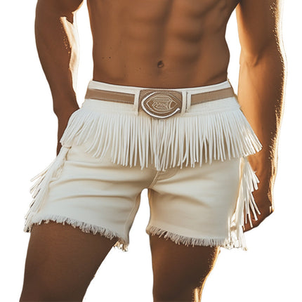 Men's Vintage Western Cowboy Tassel Shorts | Cotton Blend | Relaxed Fit | Decorative Tassels | Zipper & Button Closure | Belt Loops | Multiple Pockets | Machine Washable
