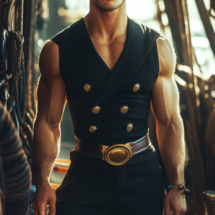 Men's Retro Sleeveless Shirt | Double Breasted | Slim Fit | Vintage Lapel Collar | Stretch Fabric | Solid Color | Casual Summer Style | Versatile Layering Top