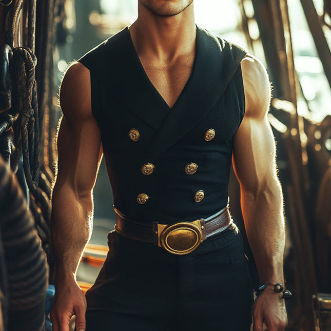 Men's Retro Sleeveless Shirt | Double Breasted | Slim Fit | Vintage Lapel Collar | Stretch Fabric | Solid Color | Casual Summer Style | Versatile Layering Top