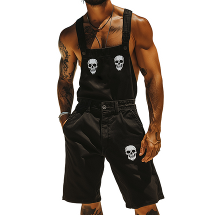 Men's Skull Print Denim Bib Shorts | Retro Casual Style | Adjustable Straps | High-Quality Denim | Relaxed Fit | Perfect for Music Festivals, Beach Trips, Casual Outings | Ideal for Spring & Summer