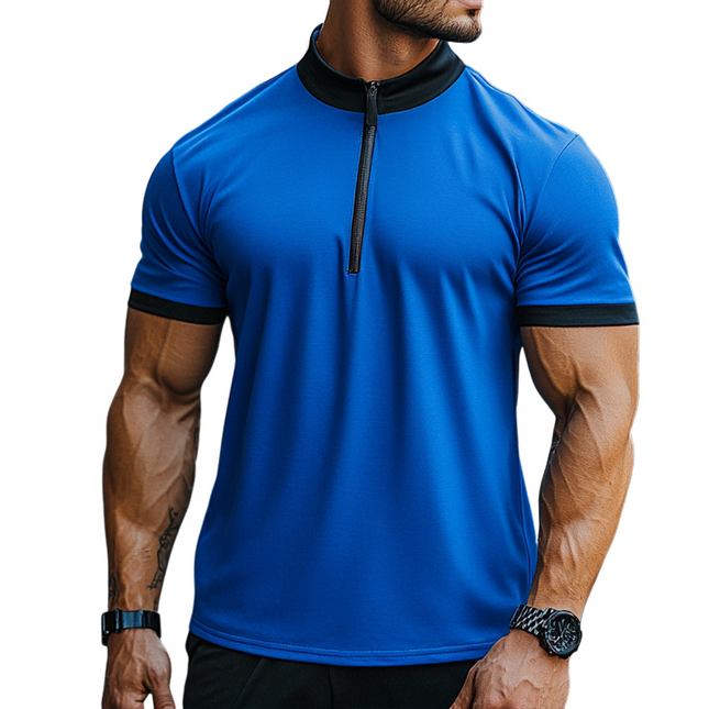 Men's Retro T-Shirt | Cotton Colorblock | Zipper Stand Collar | Short Sleeve | Casual Top | Breathable Summer Shirt | Versatile Casual Wear | Soft Comfortable Fabric | Stylish Everyday Tee