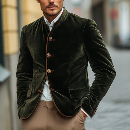 Men's Jacket | Vintage Green Velvet | Stand Collar | Slim Fit | Long Sleeve | Button Closure | Stylish Outerwear | Elegant Blazer | Soft Plush Texture | Classic Design | Versatile Fashion Statement