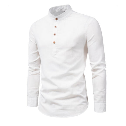 Men's 100% Cotton Linen Solid Color Stand Collar Dress Shirt | Long Sleeve | Neck Button Design | Casual Spring Summer Shirt | Breathable & Soft Fabric