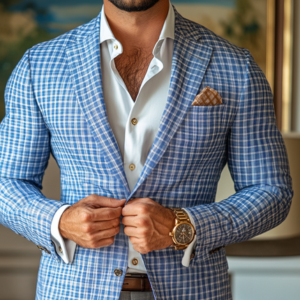 Men's Fashion Blazer | Checked Notch Lapel | Two Button | Spring Summer | Lightweight Breathable Fabric | Classic Pattern | Versatile Style | Elegant Tailoring | Regular Fit | Long Sleeves